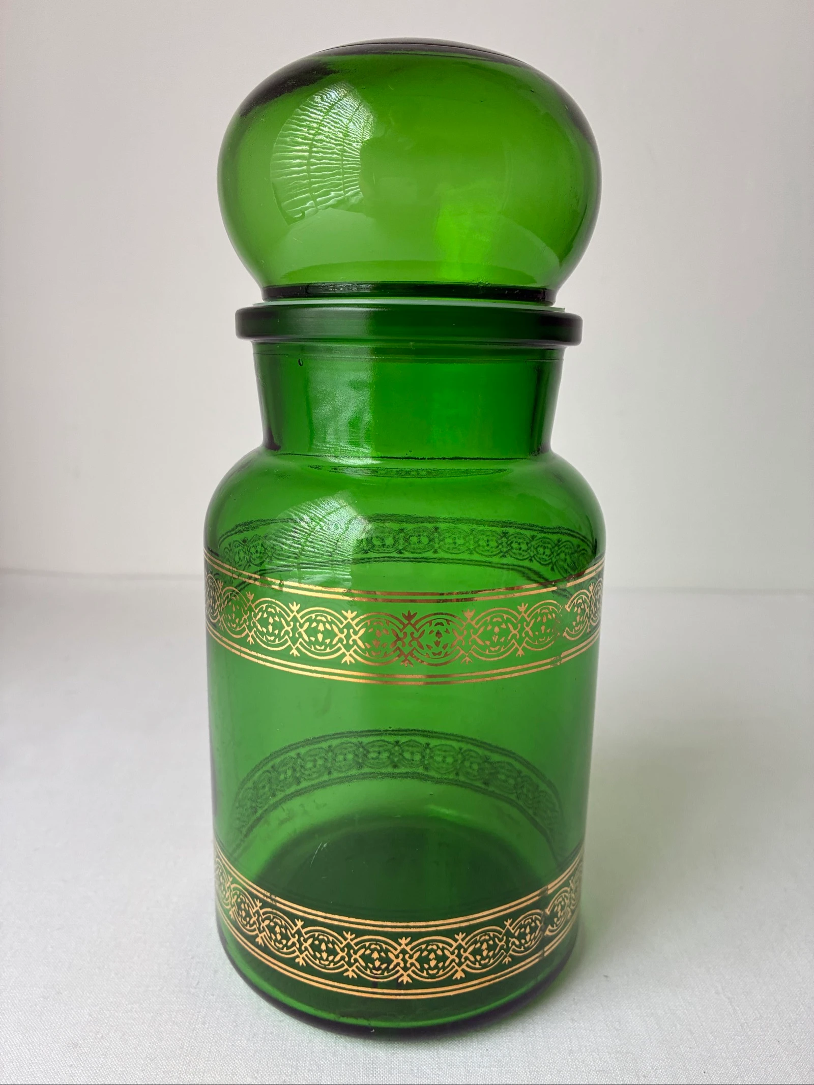 Vintage Groene Apothekerspot met Gouden Rand (Jaren '70, Belgisch Glas)